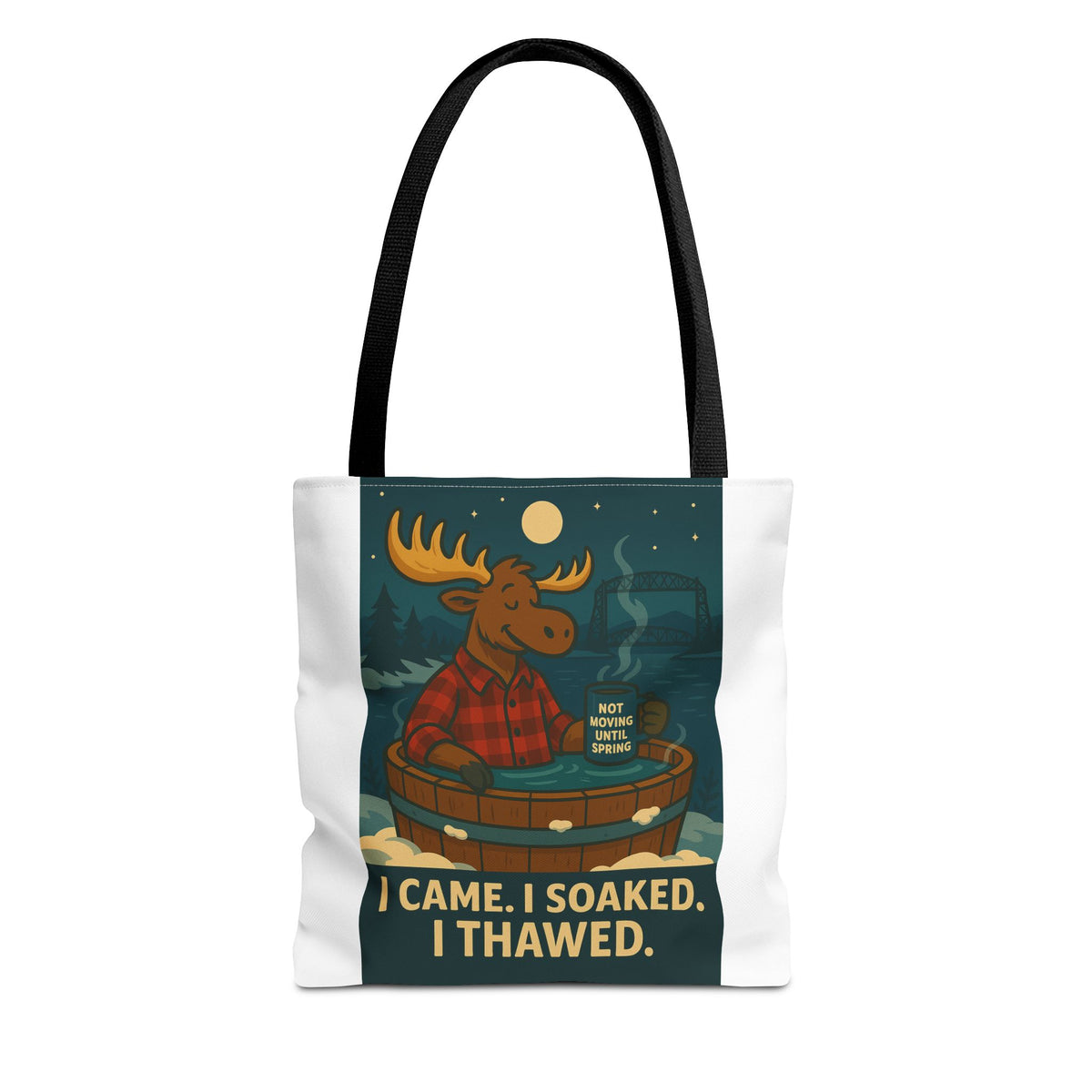 Cozy Moose Tote Bag, Funny Camping Gear, Outdoor Adventure, Gift for Nature Lovers, Holiday Shopping Bag, Eco-Friendly Tote