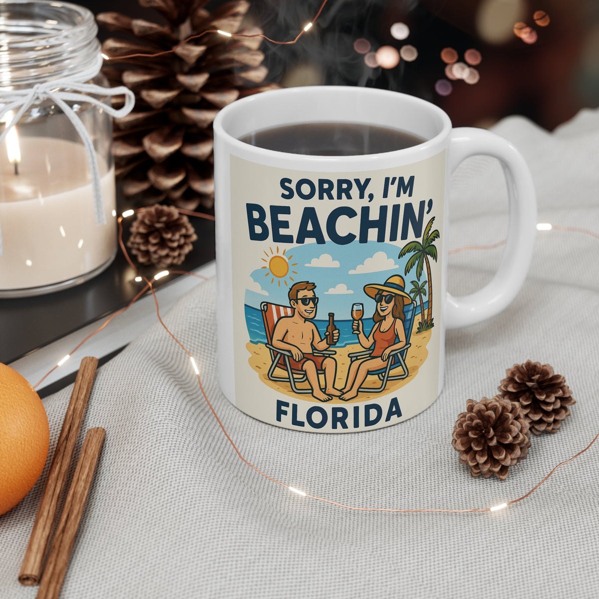 Beachin' Florida Mug, Fun Beach Lovers Gift, Summer Vibes Coffee Cup, Vacation Souvenir, Cute Couples Drinkware